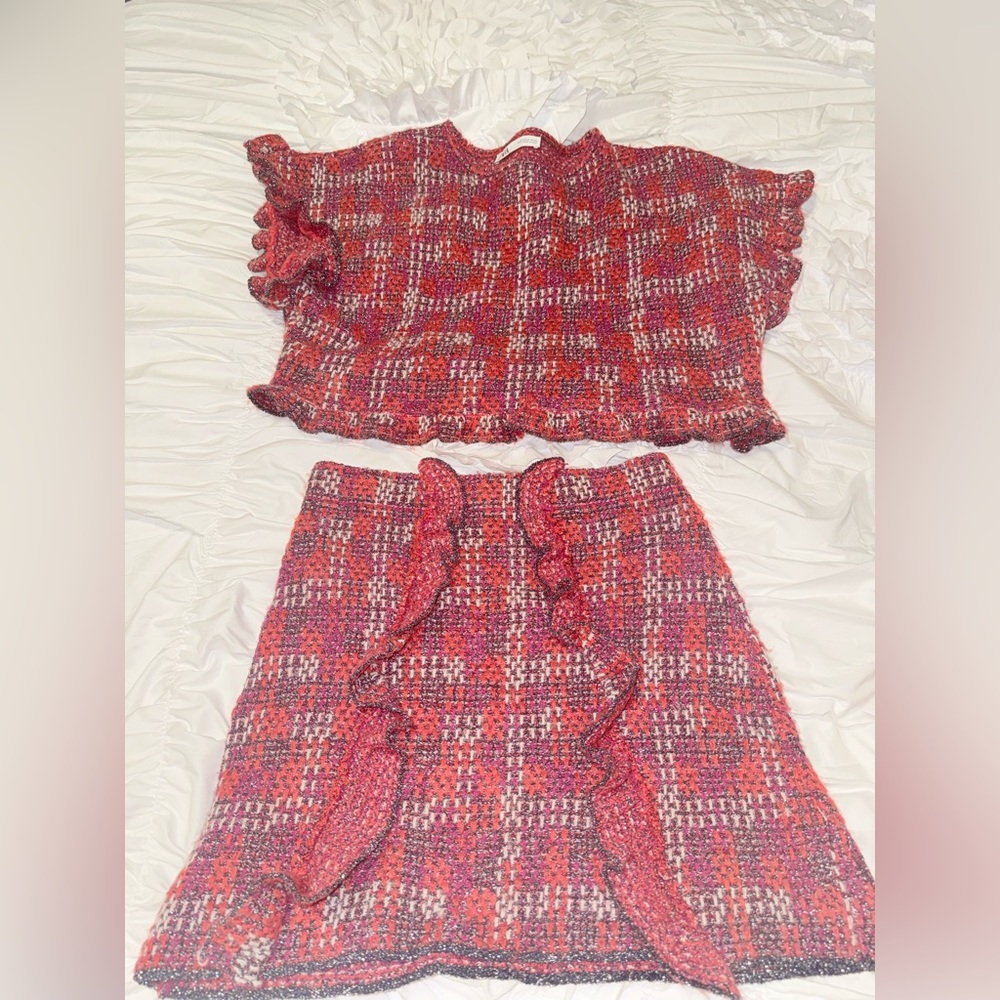 Zara Red and Pink Tweed Skirt Set